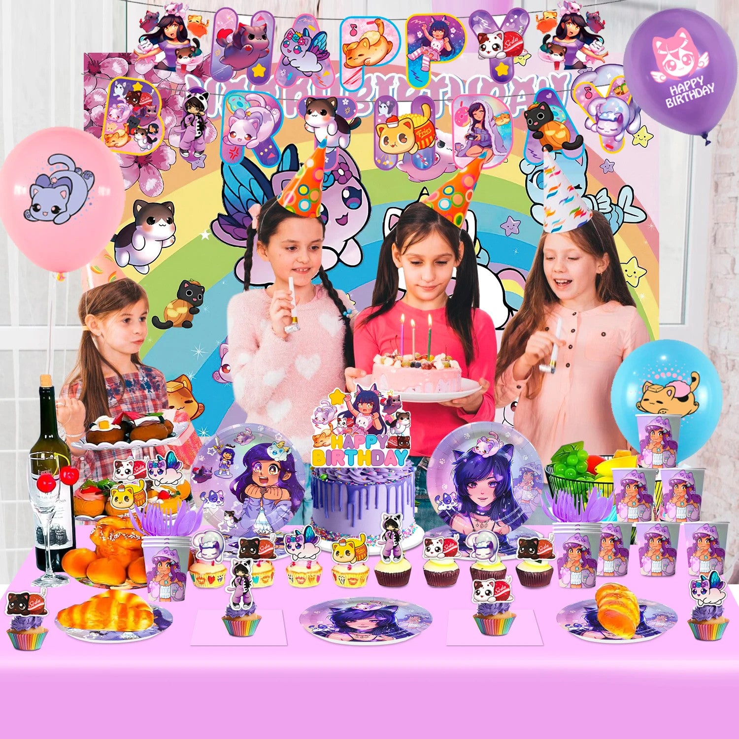 112 Pcs Aph-Mau Cat Game Themed Birthday Party Supplies Decorations Set Banner