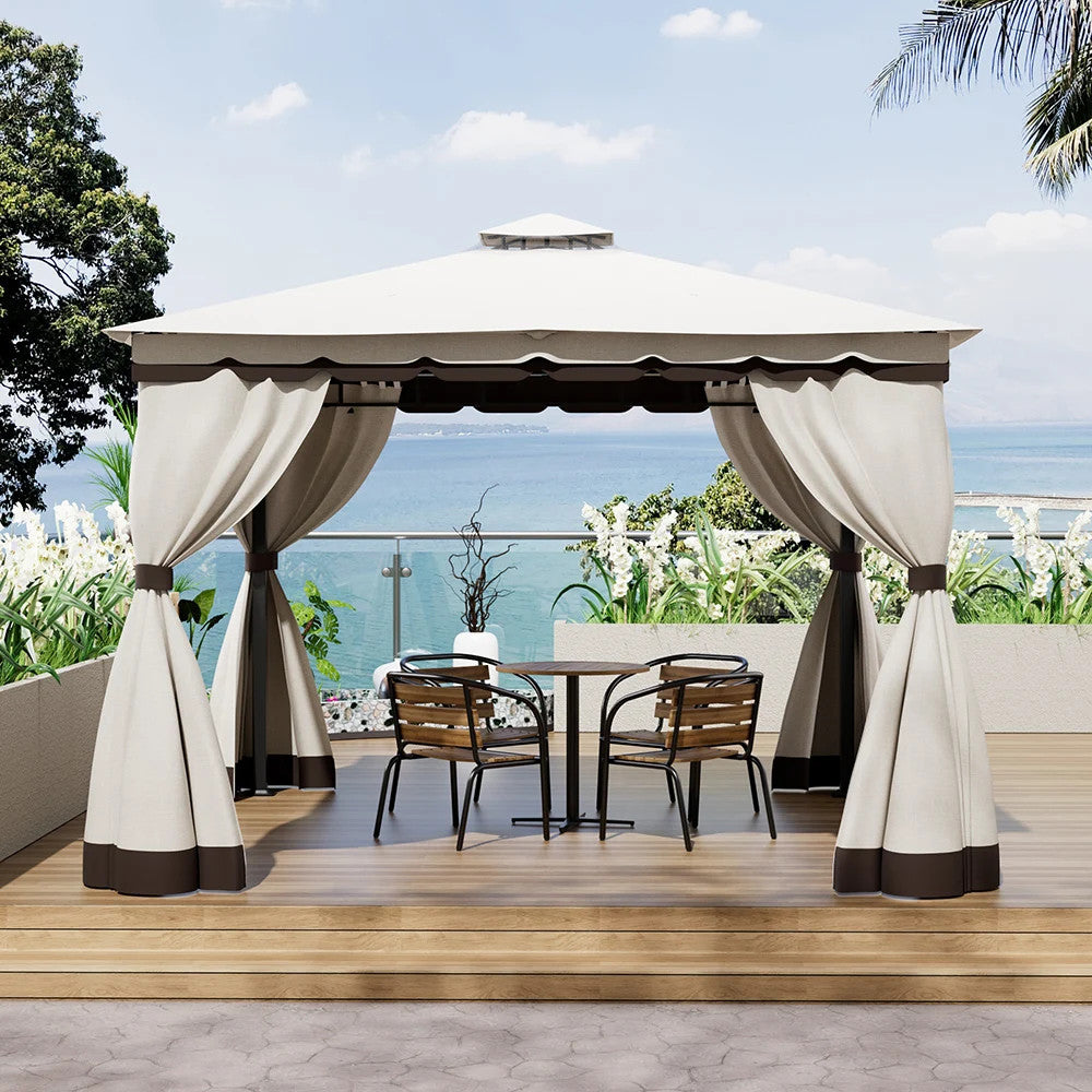 10 X 10FT Tiered Roof Metal Frame Patio Gazebo with Curtains