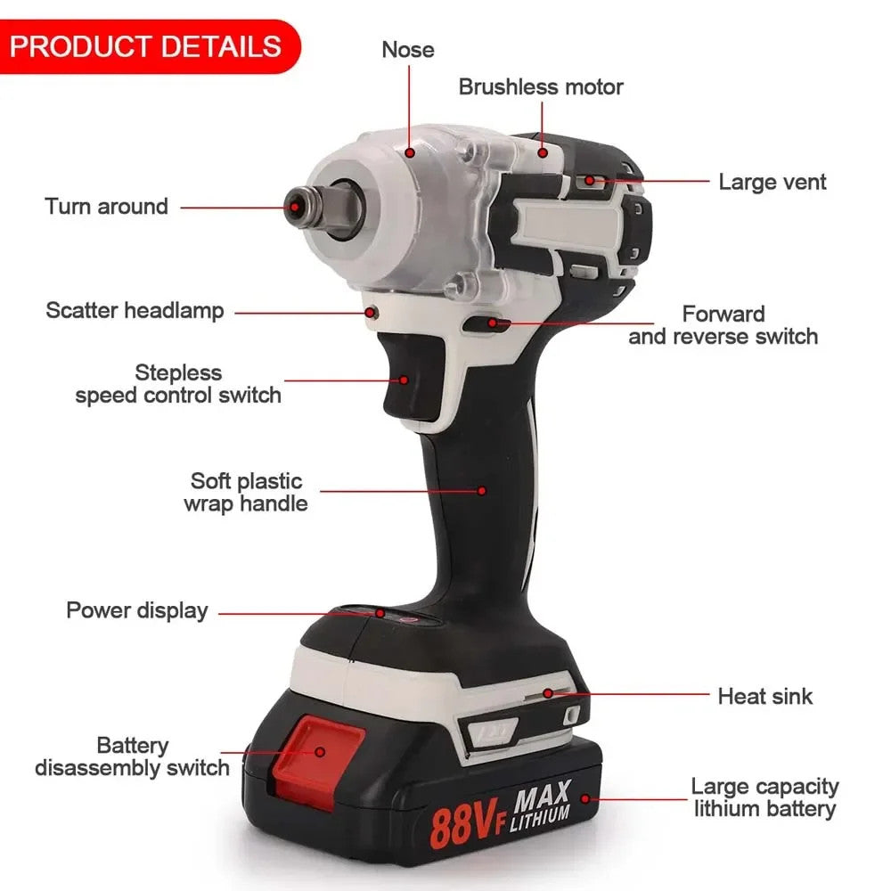 1000Nm 21V Cordless Electric Impact Wrench Drill Gun Ratchet Driver W/2 Battery