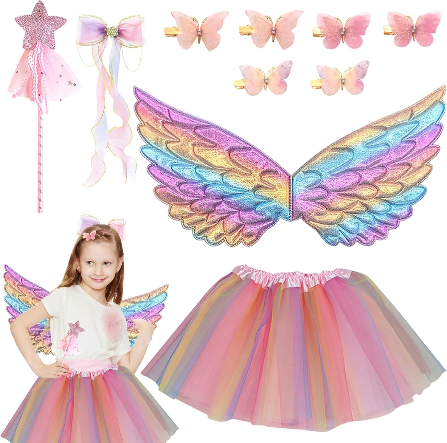 10 Pcs Fairy Costume Set for Girls, Kids Wings Costume Set, Butterfly Tutu Skirt