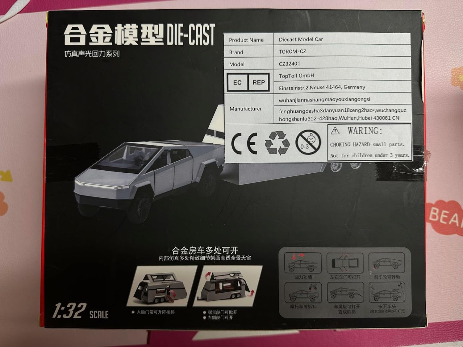 1/32 Tesla Cybertruck Electric Pick-Up Model Car with RV and Motorcycle