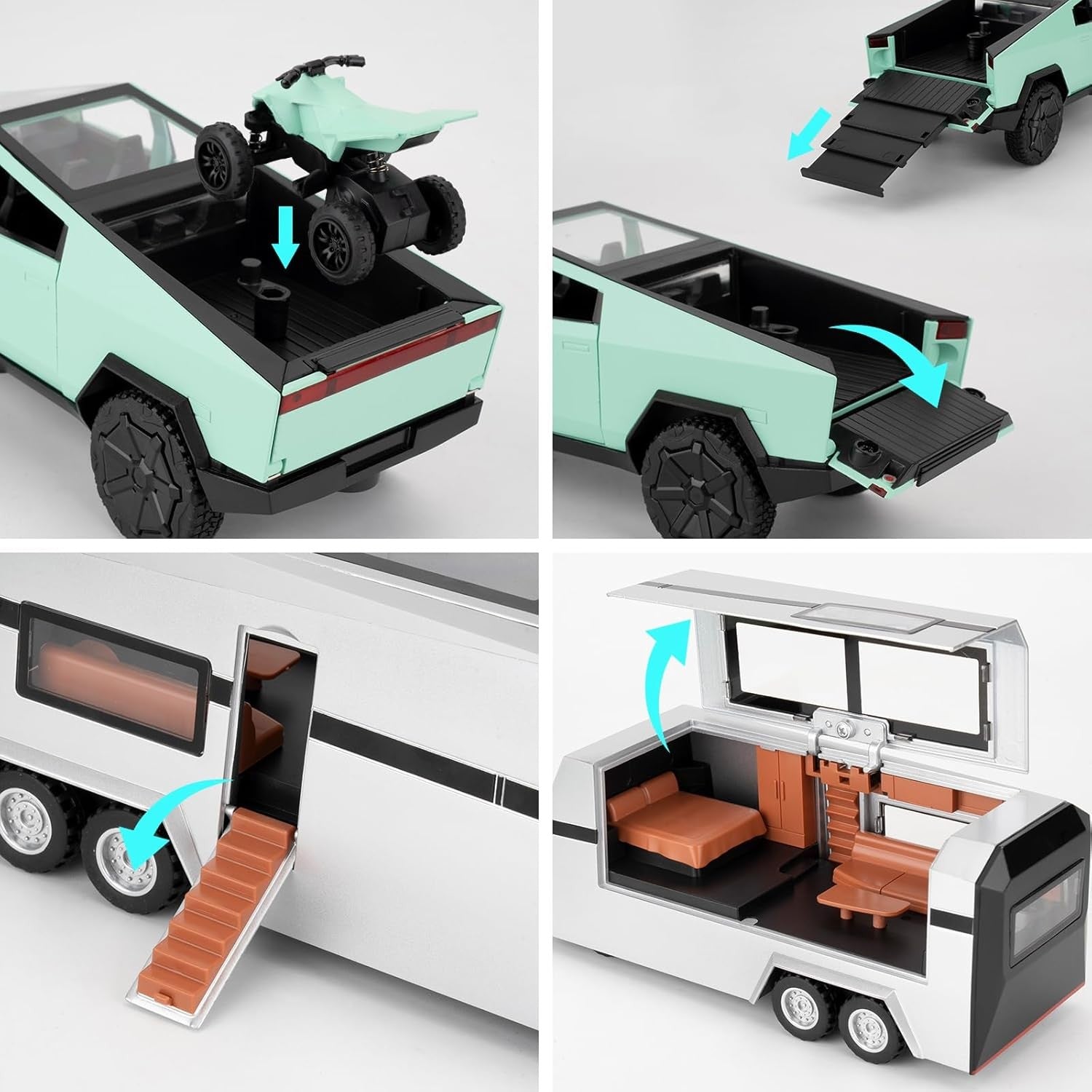 1/32 Tesla Cybertruck Electric Pick-Up Model Car with RV and Motorcycle