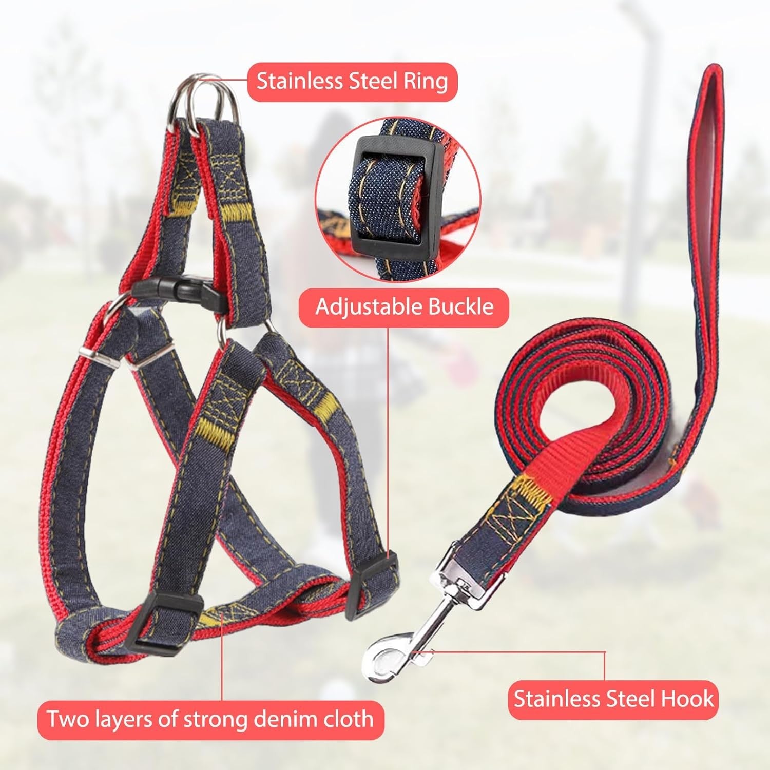 1 Pcs Pet Denim Vest Lead, Dog Lead Anti-Tangling Clips with 1 PCS LED Pendant