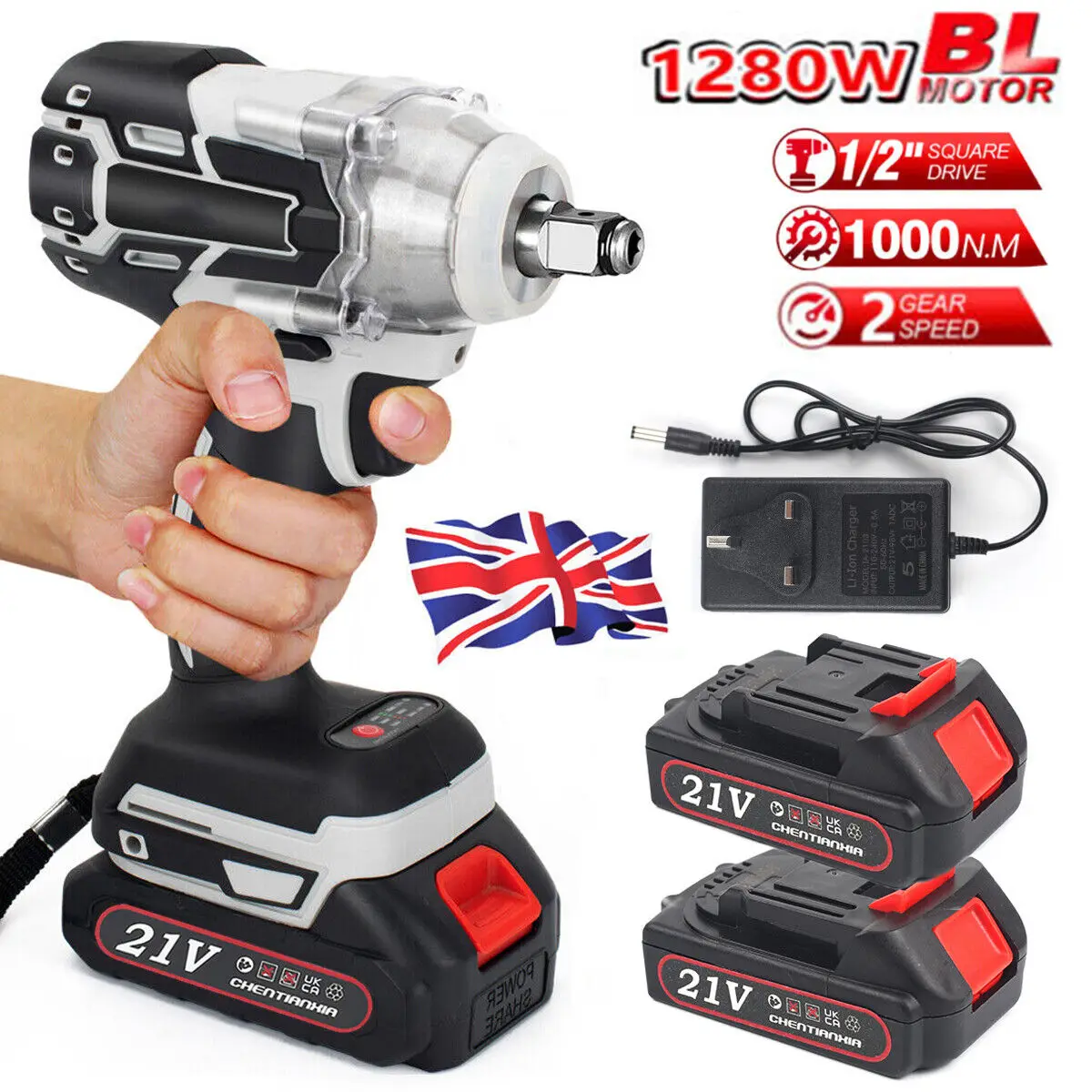 1000Nm 21V Cordless Electric Impact Wrench Drill Gun Ratchet Driver W/2 Battery