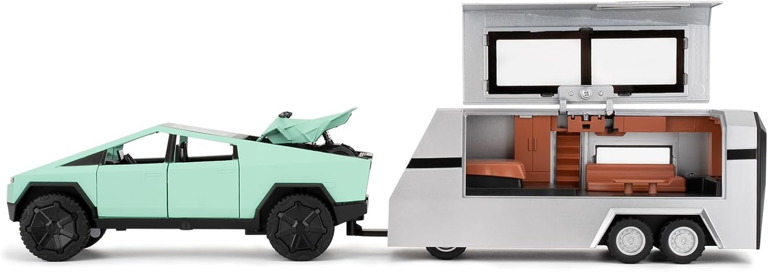 1/32 Tesla Cybertruck Electric Pick-Up Model Car with RV and Motorcycle