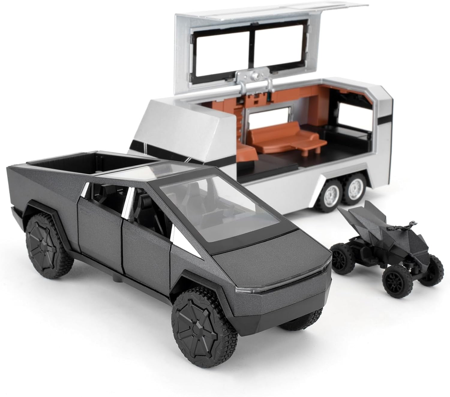 1/32 Tesla Cybertruck Electric Pick-Up Model Car with RV and Motorcycle