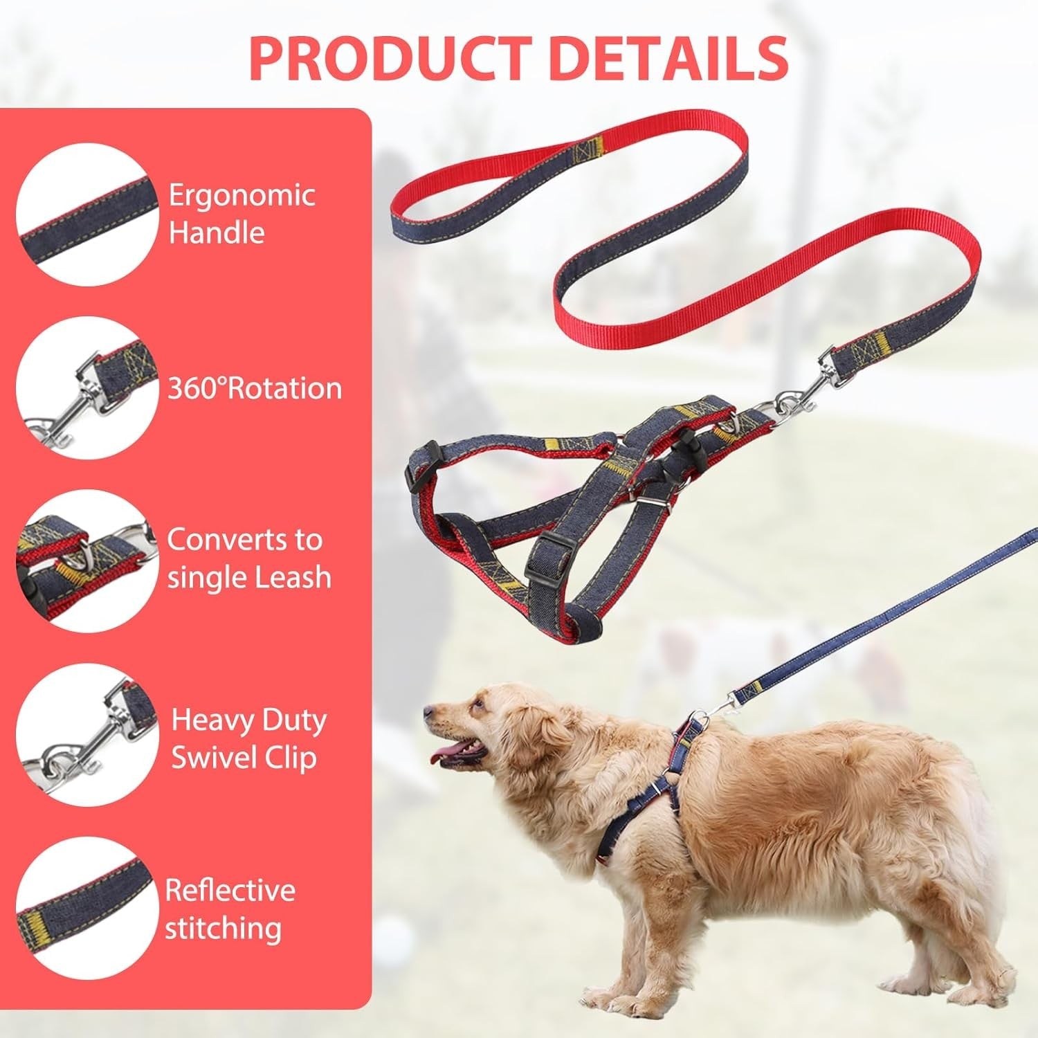 1 Pcs Pet Denim Vest Lead, Dog Lead Anti-Tangling Clips with 1 PCS LED Pendant