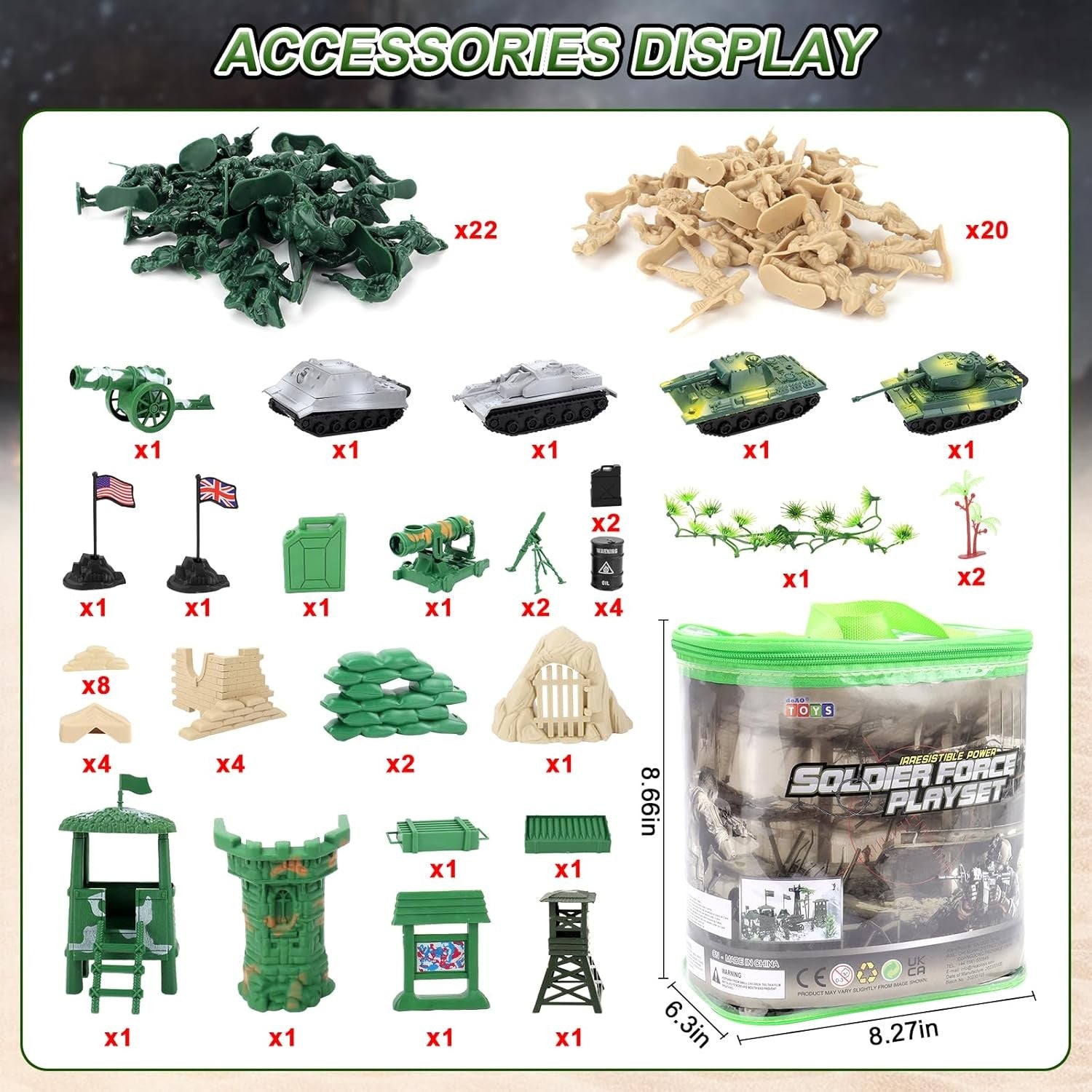 100 Piece Military Play Set with Toy Soldiers; Military Figures; Tanks; Planes