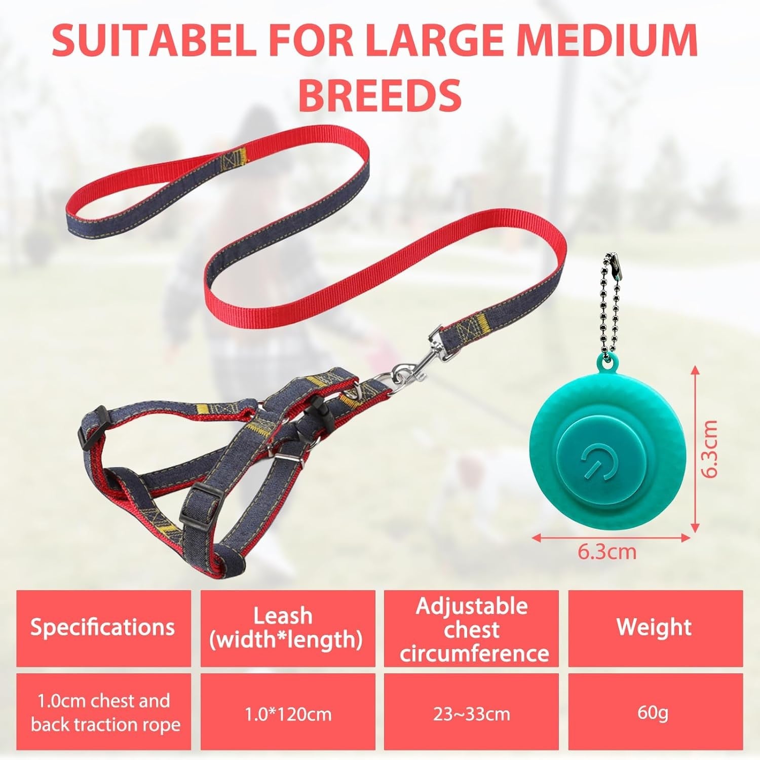 1 Pcs Pet Denim Vest Lead, Dog Lead Anti-Tangling Clips with 1 PCS LED Pendant