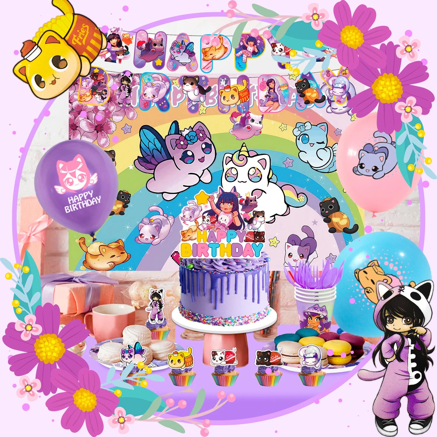 112 Pcs Aph-Mau Cat Game Themed Birthday Party Supplies Decorations Set Banner