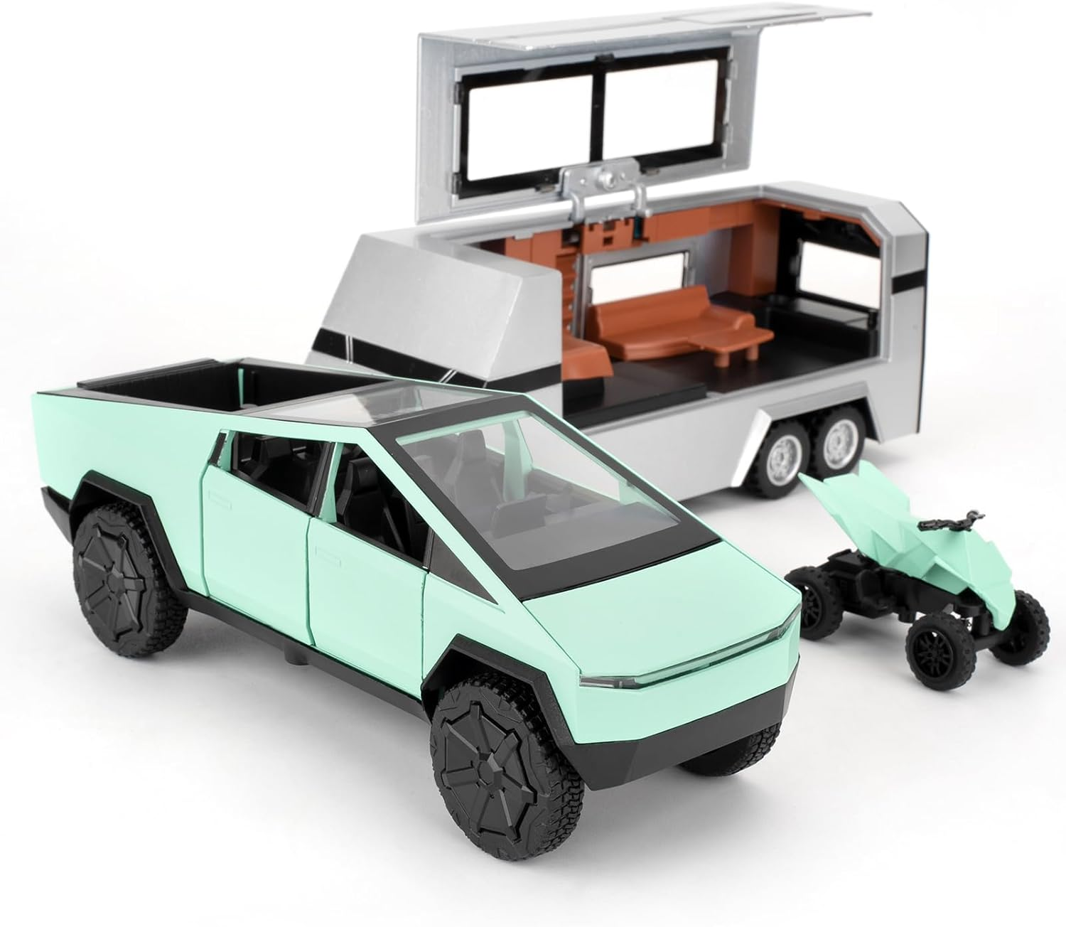 1/32 Tesla Cybertruck Electric Pick-Up Model Car with RV and Motorcycle