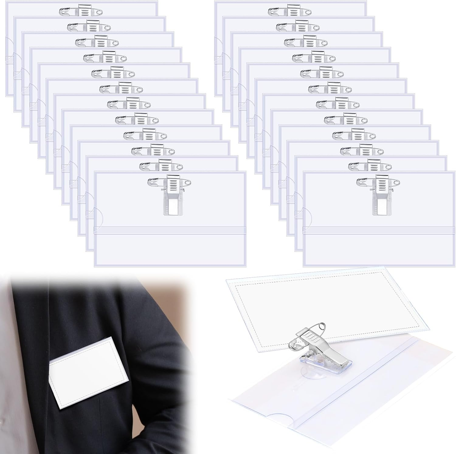 100 Pcs Badge Holders with Clip and Pin Waterproof Plastic Horizontal Card Hold