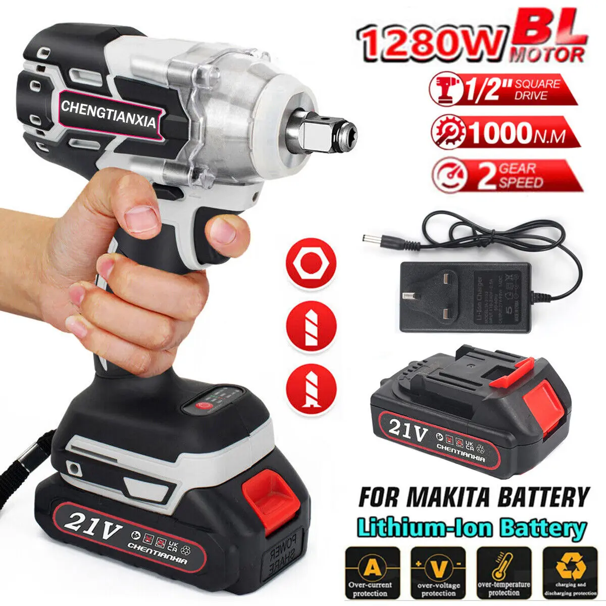 1000Nm Brushless Cordless Electric Impact Wrench Gun Ratchet Driver W/ Battery