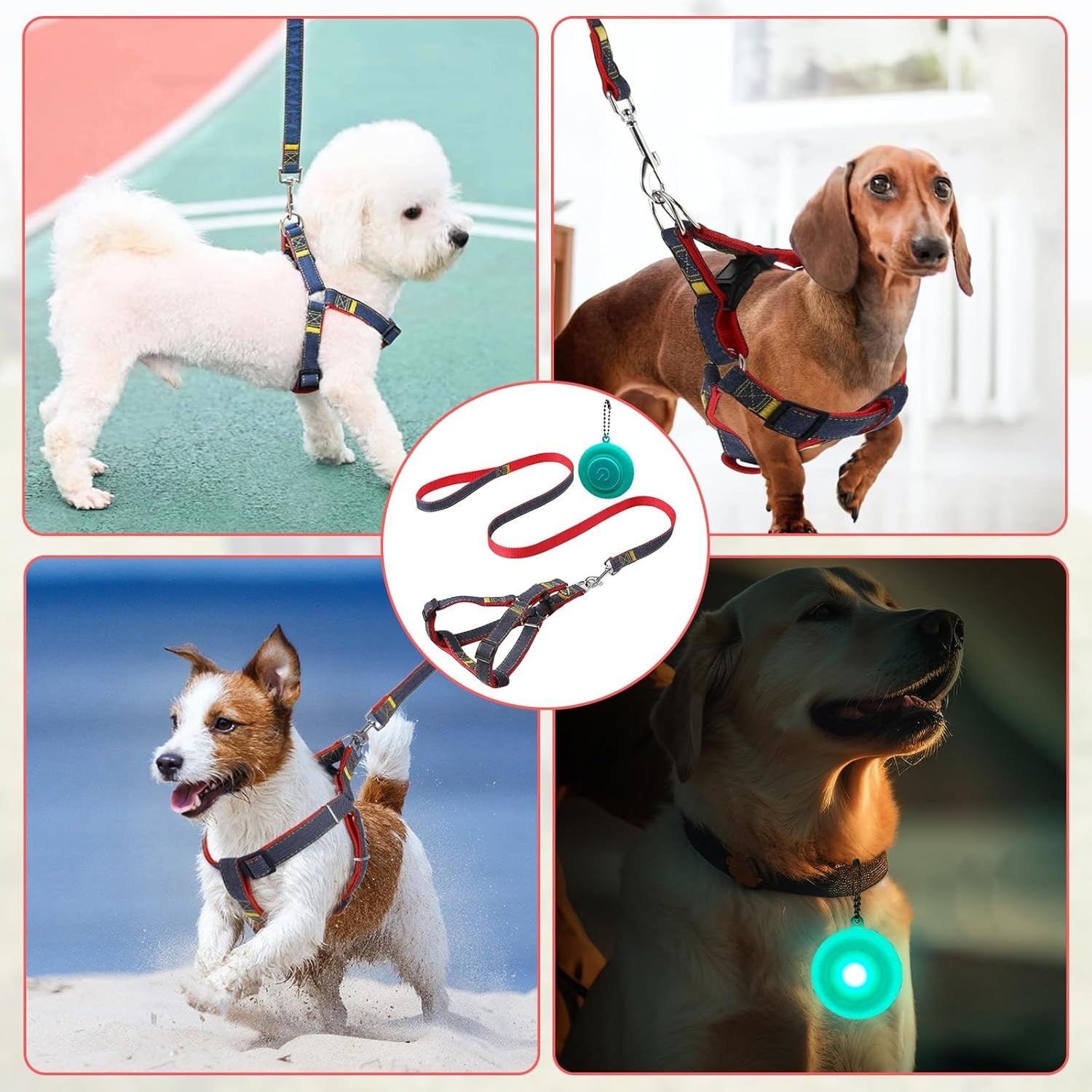 1 Pcs Pet Denim Vest Lead, Dog Lead Anti-Tangling Clips with 1 PCS LED Pendant
