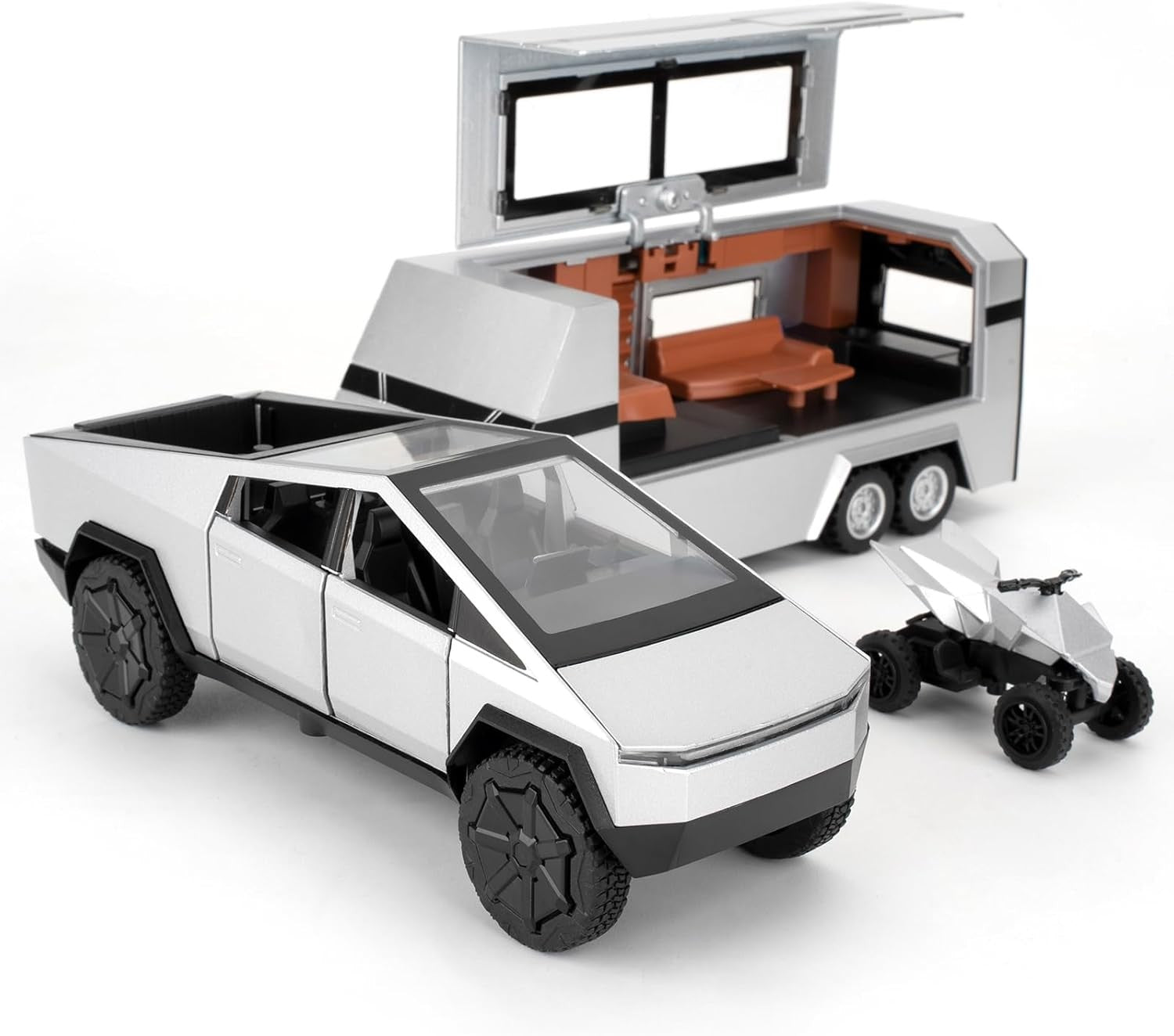 1/32 Tesla Cybertruck Electric Pick-Up Model Car with RV and Motorcycle