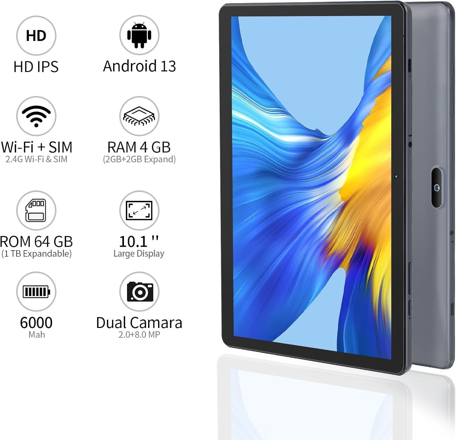 10 Inch Android Wifi Tablet, 64GB ROM, 1024GB Expand, Quad Core Processor