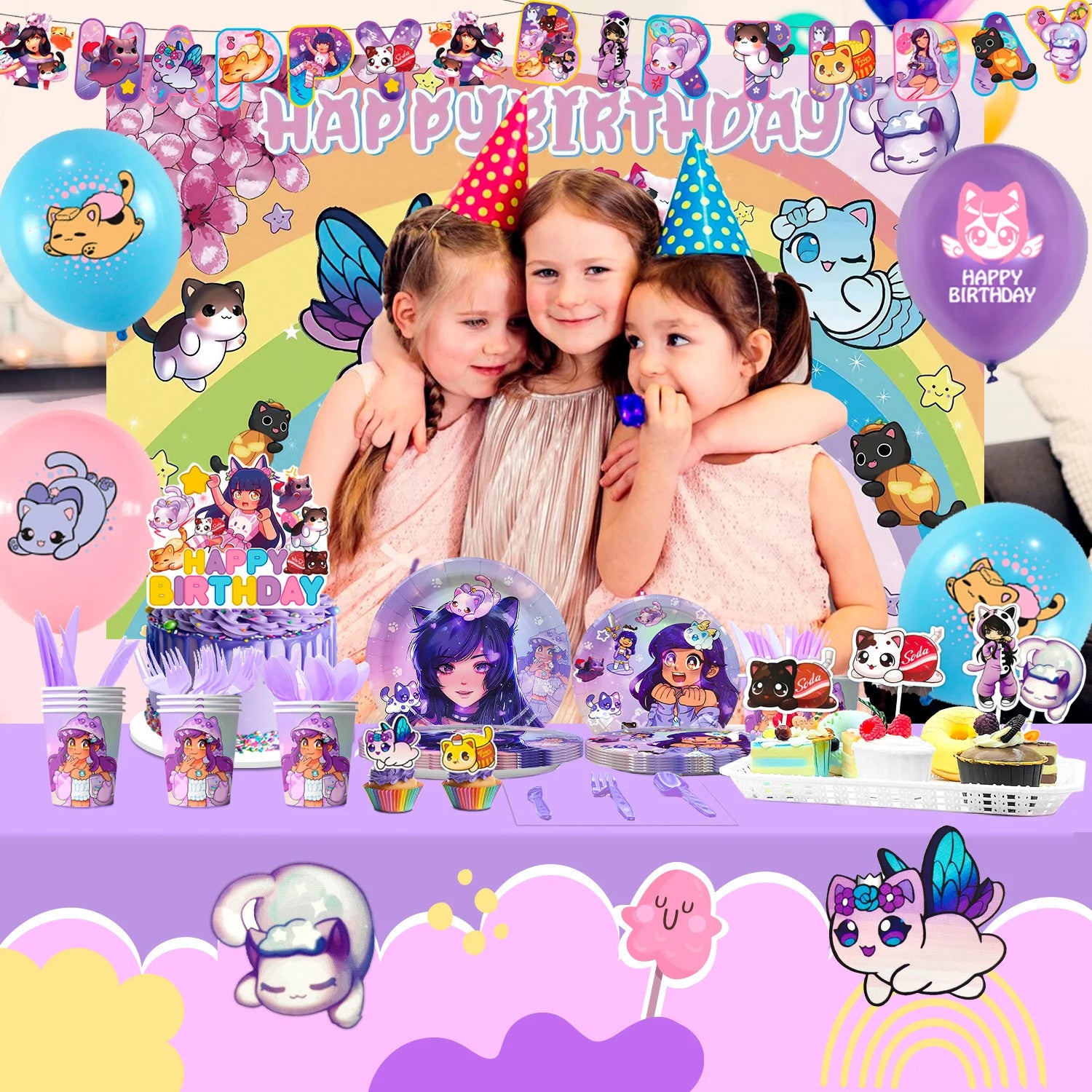 112 Pcs Aph-Mau Cat Game Themed Birthday Party Supplies Decorations Set Banner