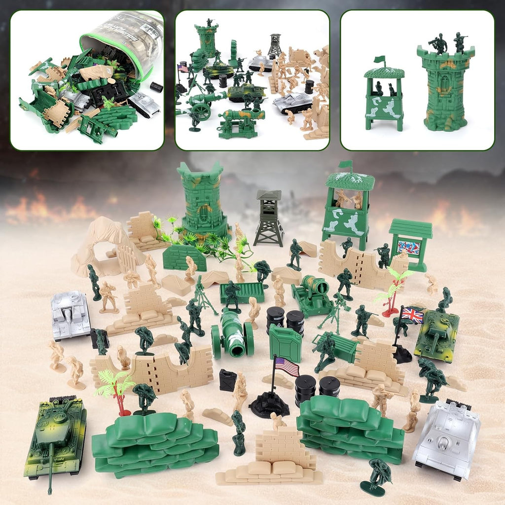 100 Piece Military Play Set with Toy Soldiers; Military Figures; Tanks; Planes