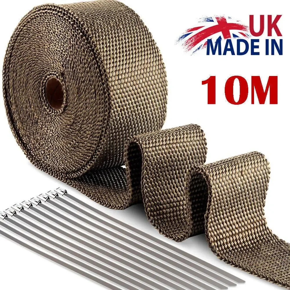 10M Titanium Gold Heat Wrap Tape Exhaust Insulating Downpipe + 10 Manifold Ties