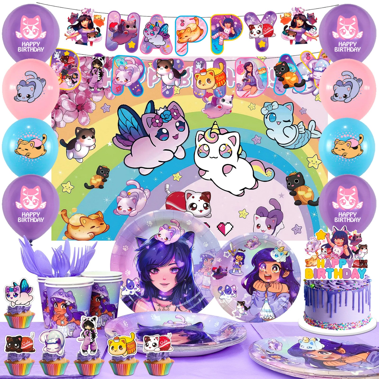112 Pcs Aph-Mau Cat Game Themed Birthday Party Supplies Decorations Set Banner