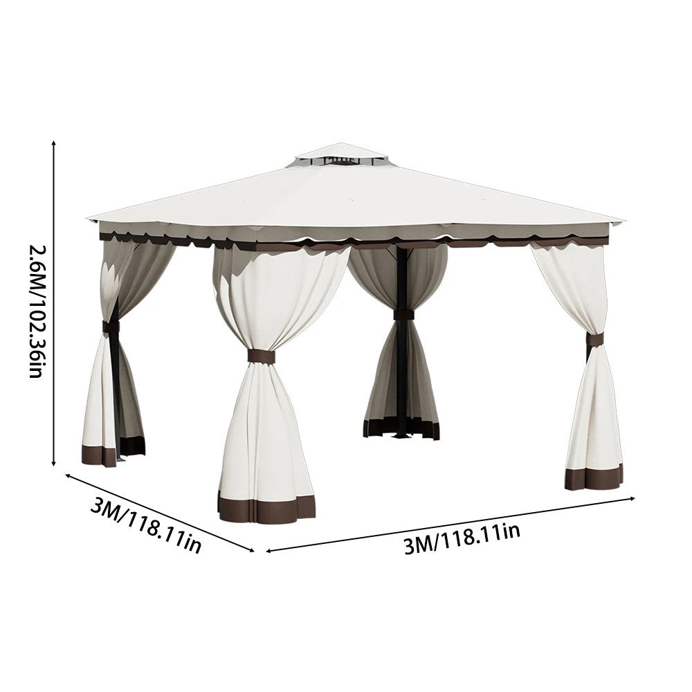 10 X 10FT Tiered Roof Metal Frame Patio Gazebo with Curtains