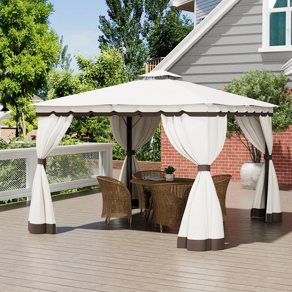 10 X 10FT Tiered Roof Metal Frame Patio Gazebo with Curtains