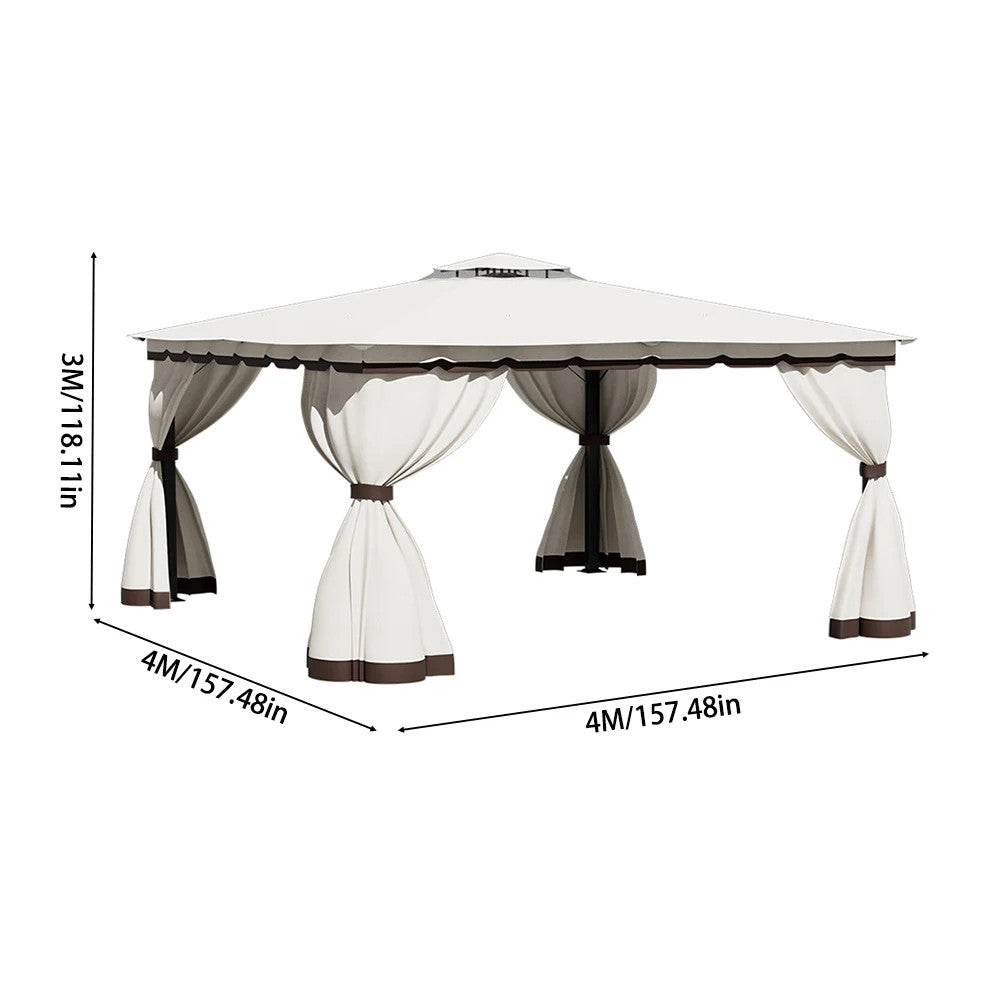 10 X 10FT Tiered Roof Metal Frame Patio Gazebo with Curtains