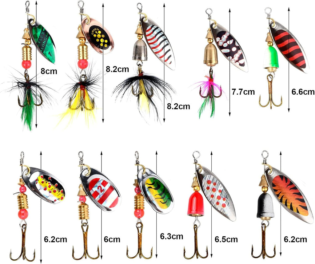 10PCS Spinner Bait Set, Artificial Fishing Lures, Fishing Spinners Lures + Hooks