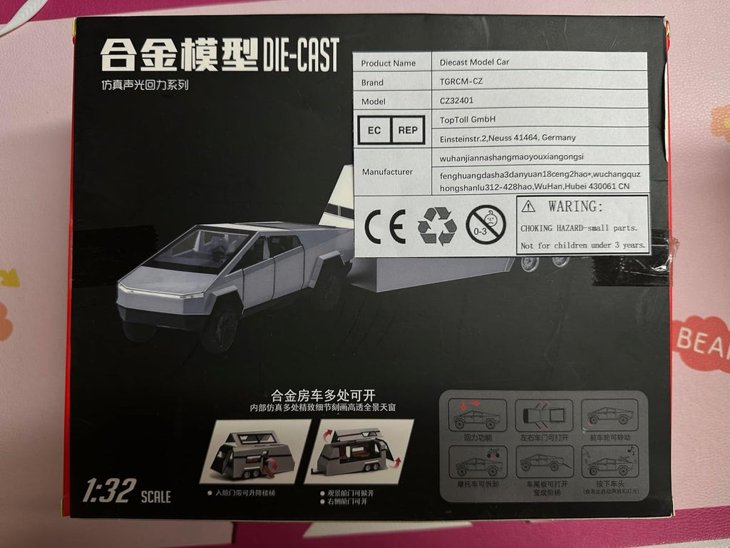 1/32 Tesla Cybertruck Electric Pick-Up Model Car with RV and Motorcycle