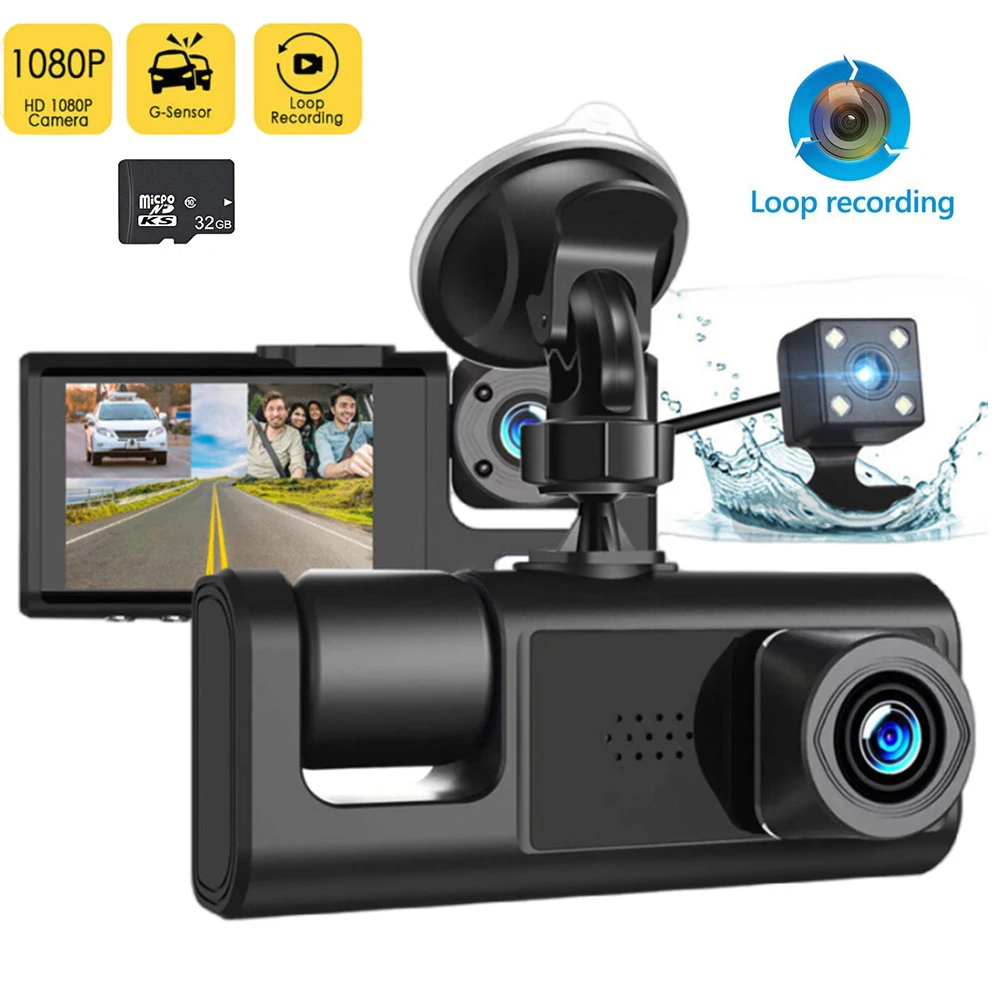 1080P Car Dash Cam with 32G Loop Recording Car DVR IPS Screen 3 Channel Cameras