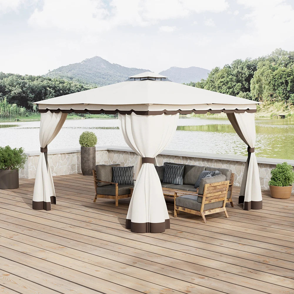 10 X 10FT Tiered Roof Metal Frame Patio Gazebo with Curtains