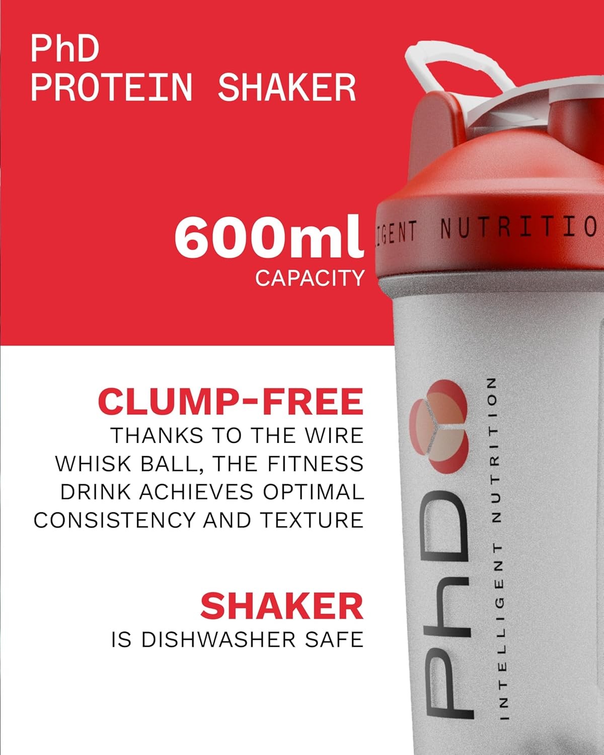 PhD Nutrition Mixball Shaker Shaker for Protein Shakes, Wire Mixball Whisk 600ml