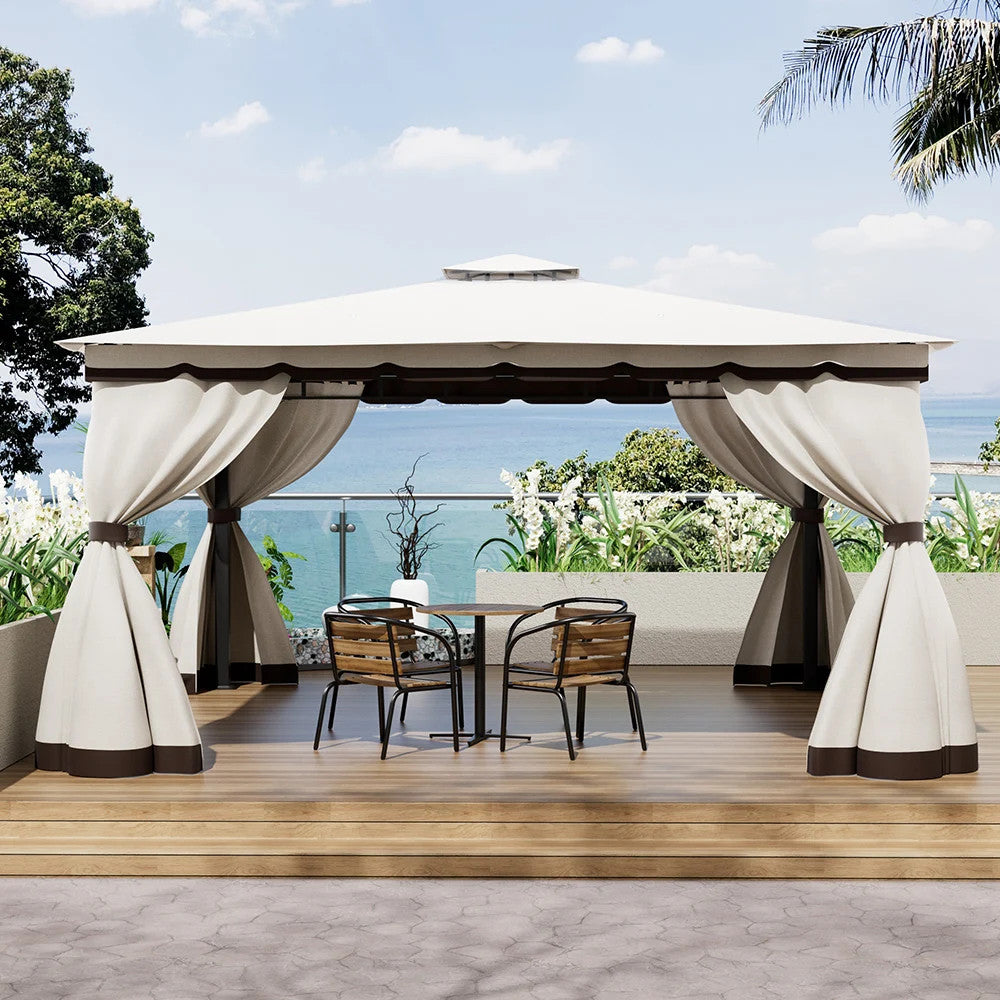 10 X 10FT Tiered Roof Metal Frame Patio Gazebo with Curtains