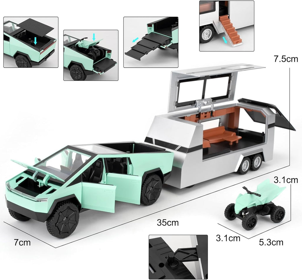 1/32 Tesla Cybertruck Electric Pick-Up Model Car with RV and Motorcycle