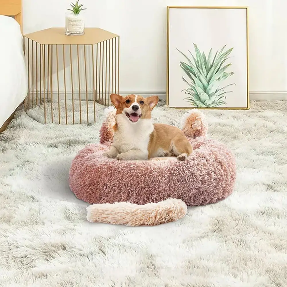 Light Brown 60Cm round Plush Pet Dog Cat Bed with Cute Ears