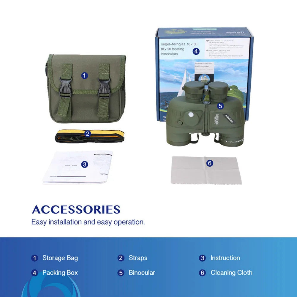 10X50 Marine Binoculars for Adults Waterproof Binoculars with Rangefinder Compas