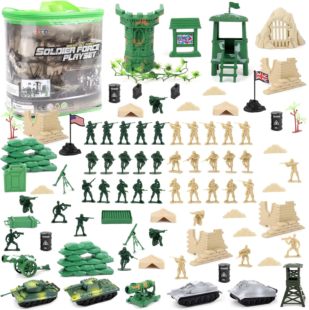 100 Piece Military Play Set with Toy Soldiers; Military Figures; Tanks; Planes