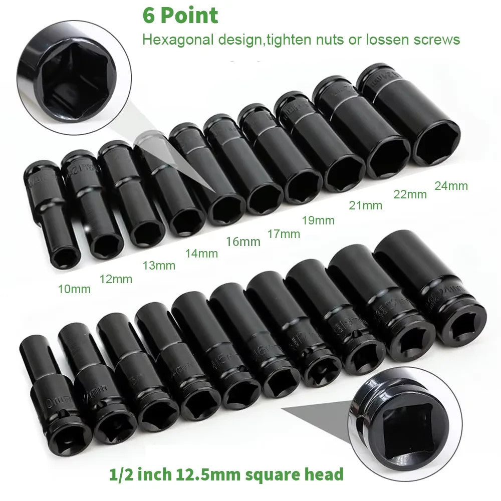 10Pcs Impact Socket Set 1/2” Drive Hex Spanner Deep Sockets 10-24Mm Wrench
