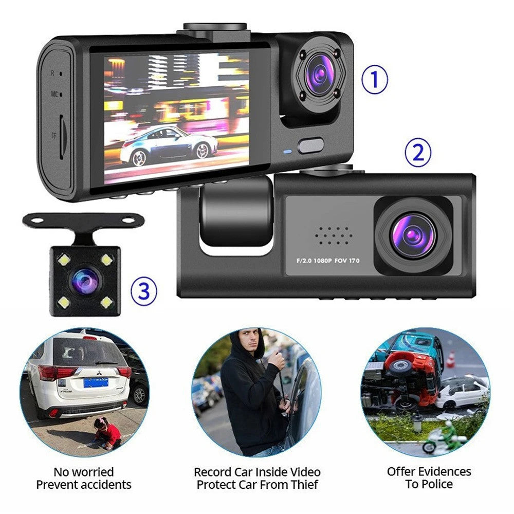 1080P Car Dash Cam with 32G Loop Recording Car DVR IPS Screen 3 Channel Cameras