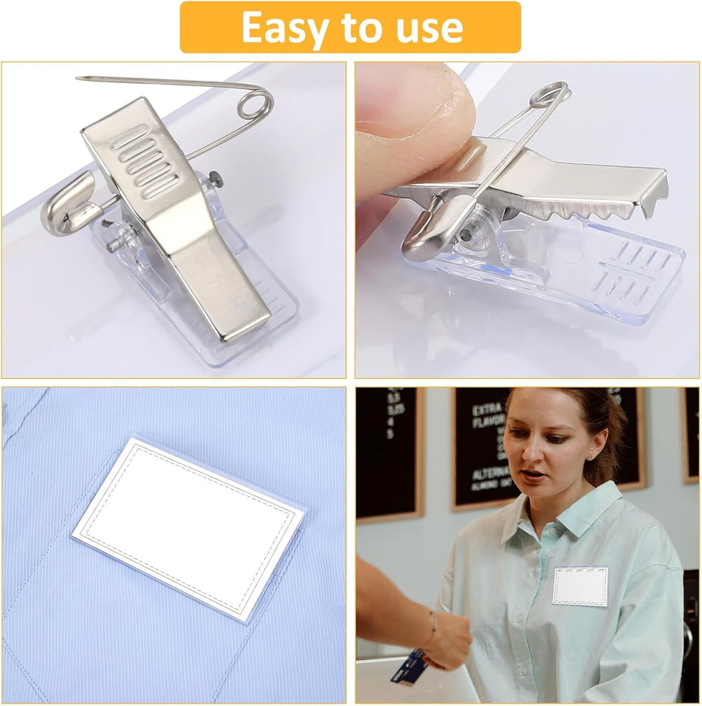100 Pcs Badge Holders with Clip and Pin Waterproof Plastic Horizontal Card Hold