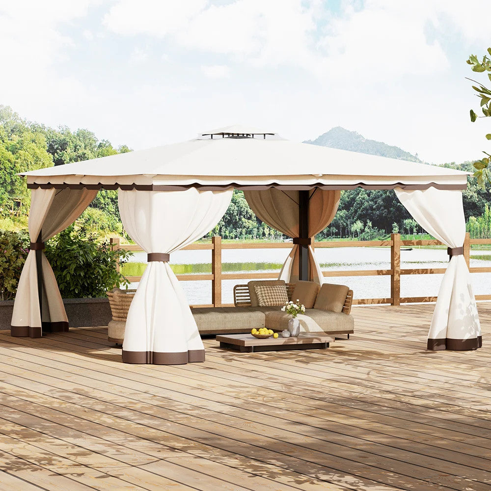 10 X 10FT Tiered Roof Metal Frame Patio Gazebo with Curtains
