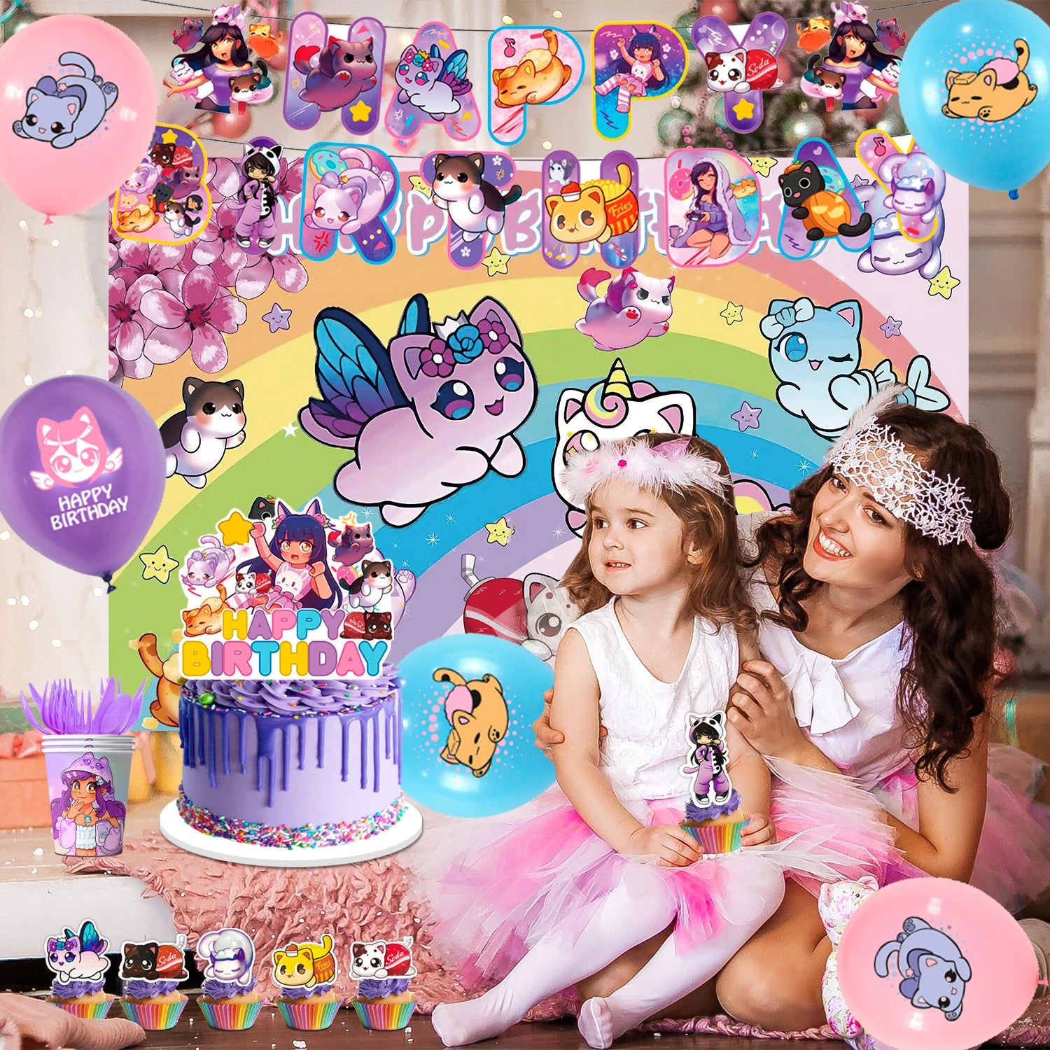 112 Pcs Aph-Mau Cat Game Themed Birthday Party Supplies Decorations Set Banner
