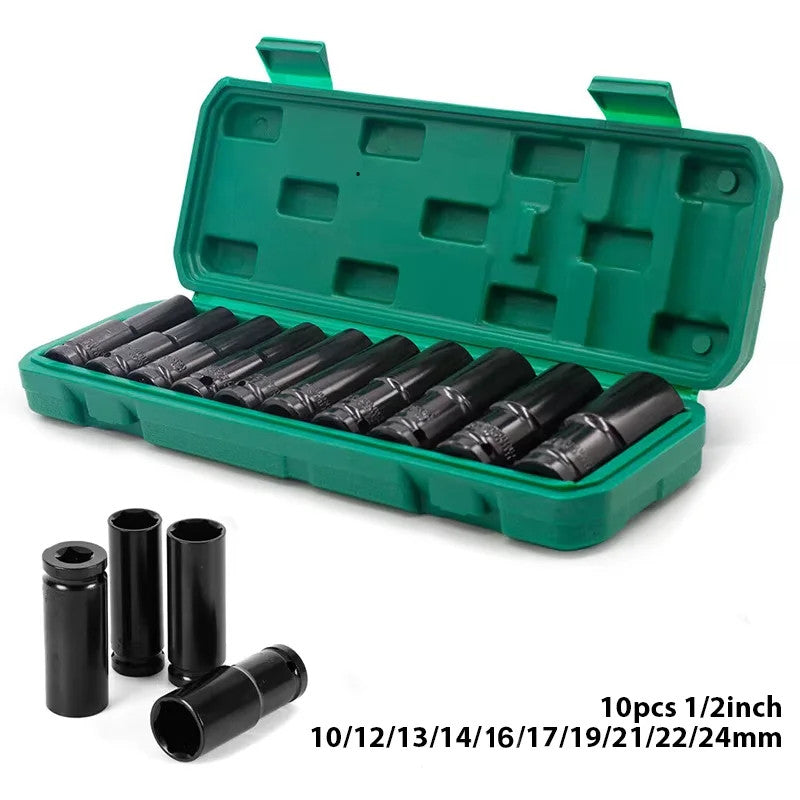 10Pcs Impact Socket Set 1/2” Drive Hex Spanner Deep Sockets 10-24Mm Wrench