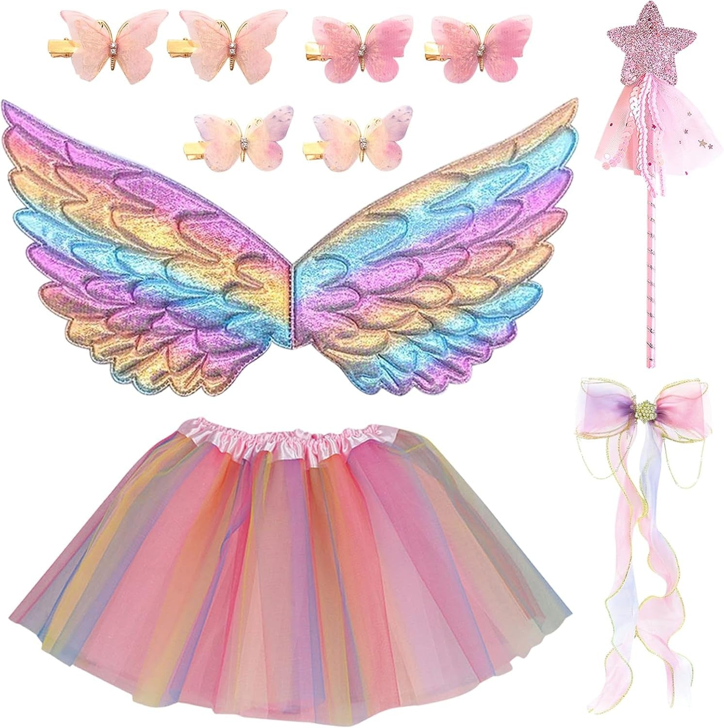 10 Pcs Fairy Costume Set for Girls, Kids Wings Costume Set, Butterfly Tutu Skirt